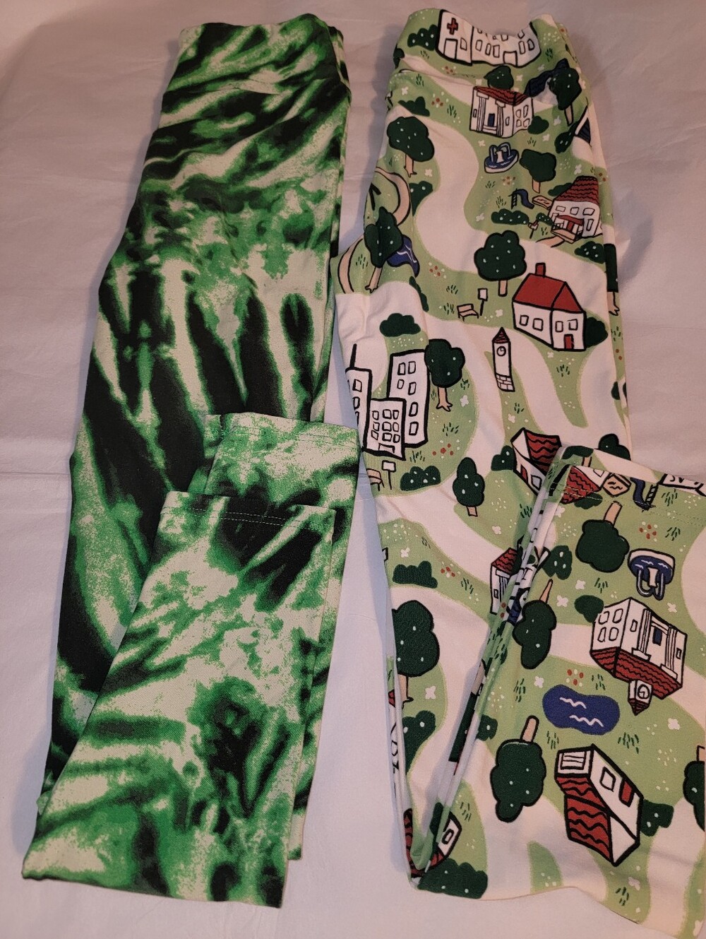 LulaRoe Kids Green Tie-Dye & Village Print Leggings - 2-Pack